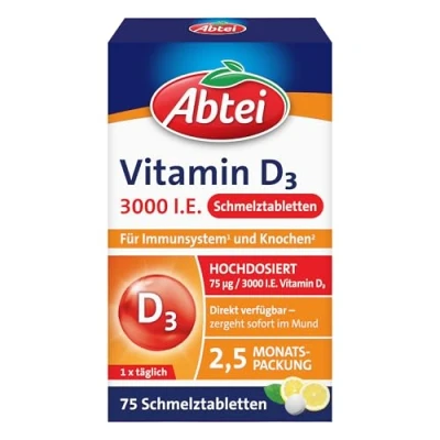 Obrázek Abtei Vitamín D3 3000 I.U podporuje imunitní systém a kosti bez lepku, laktózy vegetariánské 75 dispergovatelných tablet s citrónovou příchutí