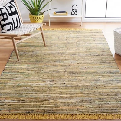 Obrázek SAFAVIEH Moderní koberec pro obývací pokoj, jídelnu, ložnici Rag Rug Collection, krátká předsíň, žlutá a multi, 122 X 183 cm