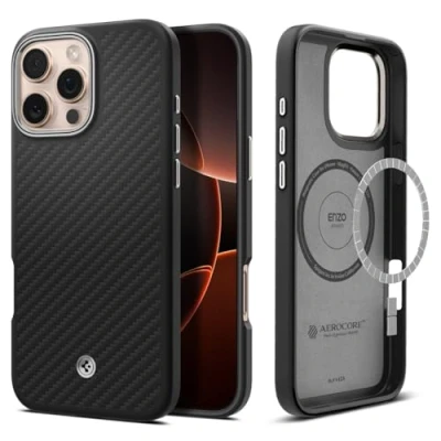 Obrázek Spigen pouzdro Pro iPhone 16 [Kevlar 1500D ochrana] Enzo aramid MagFit aramidové vlákno tenké Slim nárazuvzdorné ochranné Case na mobil kompatibilní s MagSafe Black Silver