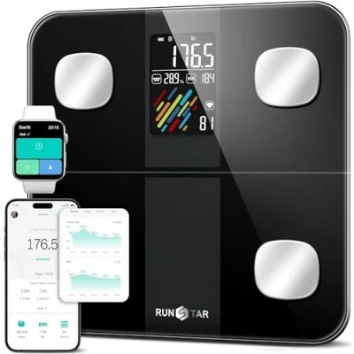Obrázek RunSTAR Körperfettwaage Digitale, Personenwaage mit hoher Genauigkeit großem Display für BMI, Herzfrequenz und Analyse von 15 Körperwerte, synchronisierbar Fitness App, Tragfähigkeit bis zu 180kg