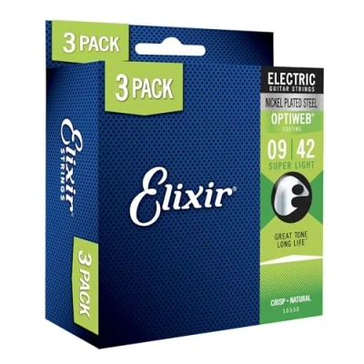 Obrázek Elixir struny poniklované ocelové pro elektrickou kytaru s povrchovou úpravou OPTIWEB elixíru balení 3 ks, super lehký 942