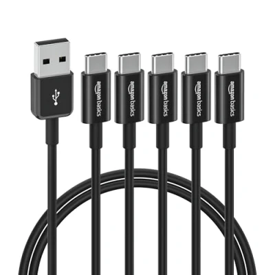 Obrázek Amazon Basics Rychlonabíjecí kabel, USB C na A 2. 0, 5 kusů, 480 MBit/s, certifikovaný IF, pro Apple iPhone 15, iPad, Samsung Galaxy, tablety, laptopy, 0,9 m, černý