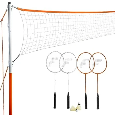 Obrázek Franklin Sports Unisex Starter obsahuje 4 ocelové rakety, 2 ptáky, nastavitelná síť a kolíky dvorek nebo plážový badmintonová sada jednoduché síťové zařízení, jednotná velikost