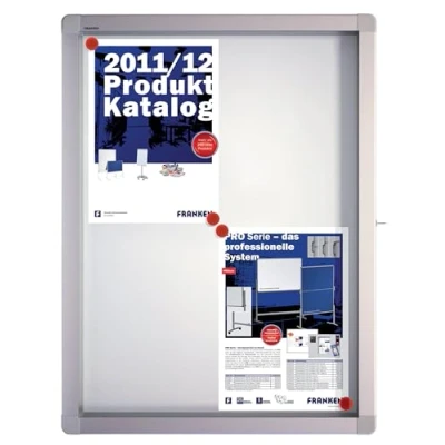 Obrázek FRANKEN Výstavní box ECO pro venkovní použití, skládací dveře, 4 x A4, 53 70,4 4,5 cm, bílá, magnetická, s hliníkovým rámem montáž na stěnu, SK4SE