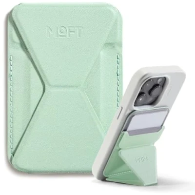 Obrázek MOFT MagSafe Wallet stojan na iPhone 16/15/14/13/12 série kompatibilní s MagSafe, MOVAS Vegan kožený magnetický mobilní telefon se 3 pozorovacími úhly, 2 držáky karty (peprmint)