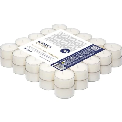Obrázek Horeca Candles Theelichter Transparente Hülle 8 Stunden Brenndauer Weiß 50 Stück Klar Teekerzen Ohne Duft Kerzen in Durchsichtigem Behälter