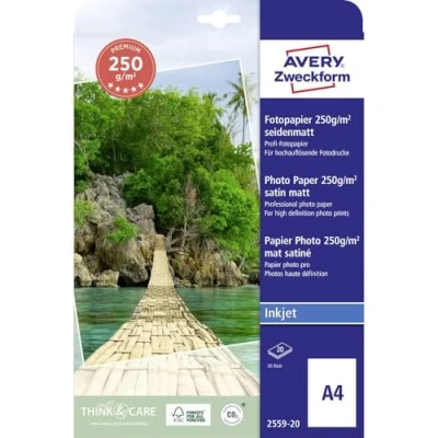 Obrázek Avery Zweckform Zboží 2559 20 Premium Inkjet fotopapír (20 listů, 250 g/m², DIN A4, hedvábně matné fotokarty, jednostranně povrstvený, okamžitě suchý &amp; odolný proti rozmazání, foto listy pro