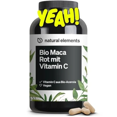Obrázek Bio Maca červená 3000 mg v denní dávce 180 kapslí s přírodním vitamínem C, bez stearátu hořečnatého certifikováno bio, vysoká dávka, veganská, vyrobeno Německu a laboratorně