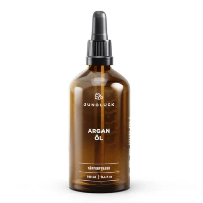 Obrázek JUNGLÜCK arganový olej BIO 100 ml veganský 100% čistý, přirozeně lisovaný za studena s protizánětlivým účinkem Lehký vyrovnává pokožku a působí antioxidačně