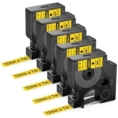 Obrázek Upwinning 45018 12 mm x 7 m kompatibilní Dymo D1 páska na etikety žlutá S0720580, jako náhrada za černá žluté pro LabelManager 160 210D 260P 280 360D 420