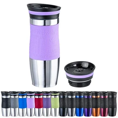 Obrázek WELLGRO Termohrnek 400 ml + 1 extra víčko nerezová ocel silikonová rukojeť Soft Touch bez BPA izolační hrnek s dvojitou stěnou cestovní na kávu to go, barva: růžová