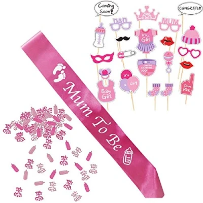 Obrázek dekorace pro holčičky, Baby Shower Madchen, Party dětskou sprchu růžové, novorozenci fotorekvizity masky, mum to Be Fuchsiová šerpa a konfety