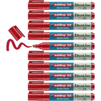 Obrázek edding 32 EcoLine zvýrazňovač flipchartu červená 10 tužek klínový hrot 1 5 mm pro psaní, kreslení na rozepínách inkoust se nerozbije nevysává doplňovací