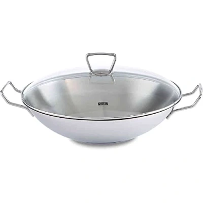 Obrázek Fissler Kunming / wok z ušlechtilé oceli (Ø 36 cm) velká pánev bez povrchové úpravy, asijská se skleněným víkem, vč. mřížkové vložky, všechny typy sporáků také indukce