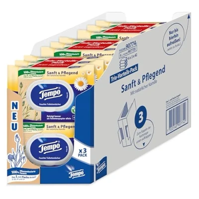 Obrázek Tempo Toaletní papír vlhký Gentle Caring Trio Pack (18 (6x3) balení x 42 listů každý), velké balení, 1 kg