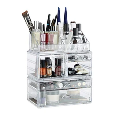 Obrázek Relaxdays Organizér na make up s 21 přihrádkami, kosmetická věž rtěnky, lak nehty, akrylový box, transparentní