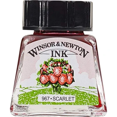 Obrázek Winsor &amp; Newton 1005601 Drawing Inks kreslicí tuš pro kaligrafy, ilustrátory, grafiky, umělce voděodolné barvy, vynikající průhlednost, láhev 14 ml šarlatová