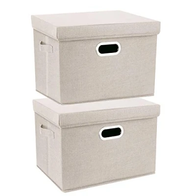 Obrázek TYEERS Úložný box s víkem velký, látka, skládací, pratelné, bedny víkem, 44 x 30 29 cm, 2 kusy, béžový
