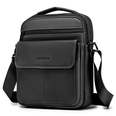 Obrázek SPAHER taška přes rameno kůže pánská pravá na zápěstí Crossbody Bag Messenger Bags dárek pro muže, B004 černá, Elegantní