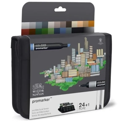 Obrázek Winsor &amp; Newton 0290163​ ProMarker, profesionální popisovač rozložení 2 hroty, jemný a široký pro výkresy, design rozvržení architektura sada 25 tužek