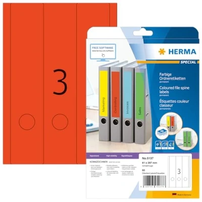 Obrázek HERMA 5137 etikety na hřbety pořadačů dlouhé široké, 20 listů, 61 x 297 mm, 3 arch A4, 60 kusů, samolepicí, potisknutelné, neprůhledné, prázdné papírové pořadače štítky zadní stranu