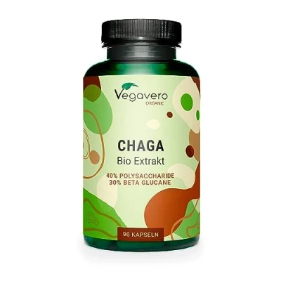 Obrázek bio chaga houbové kapsle vysoké dávkování: 6 000 mg z extraktu (10:1) 40% polysacharidy 30 % beta glukanů laboratorně testováno veganské bez přísad německá výroba Vegavero®
