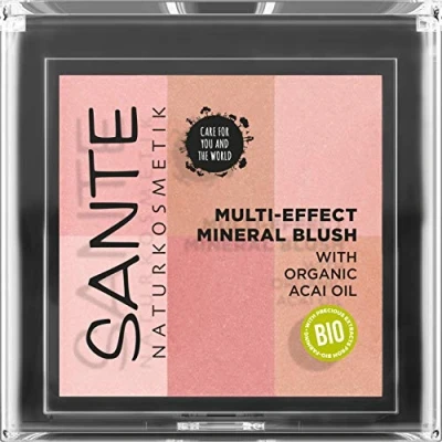 Obrázek SANTE Naturkosmetik Multi Effect Mineral Blush 01 Coral, růž, 6 barevných odstínů pro přirozeně zářivý lesk a svěží pleť, s cennými bio extrakty, přírodní, veganské, 8 g