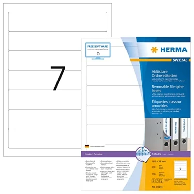 Obrázek HERMA 10140 nálepky na hřbety pořadačů odstranitelné, krátké, úzké, 100 listů, 192 x 38 mm, 7 arch A4, 700 kusů, samolepicí, potisknutelné, neprůhledné, papírové štítky pořadače