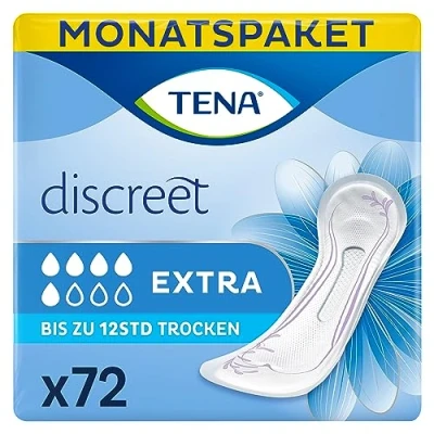 Obrázek Tena Discreet Extra vložky v měsíčním balení, jednotlivě balené hygienické pro ženy při střední slabosti močového měchýře a inkontinenci, světlé, 72 kusů (1 balení)