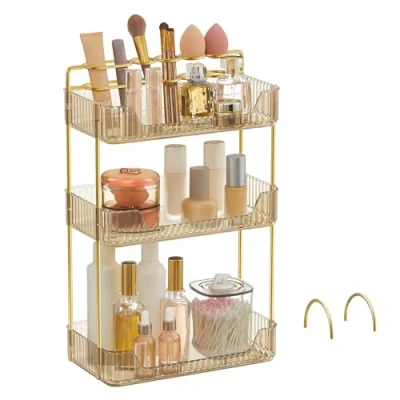 Obrázek SONGMICS organizér na make up, 2 druhy příslušenství, kosmetiku se 3 úrovněmi, obdélníkový, přizpůsobitelný, uložení toaletního stolku, nápad dárek, šampaňské zlato JKA013A01