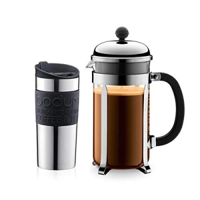 Obrázek Bodum Sada K11068 01 z kávovaru Chambord, 8 šálků a cestovní hrnek, 0,35 l, ušlechtilá ocel se silikonovým kroužkem, černá, 34 oz