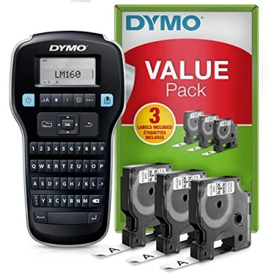 Obrázek DYMO LabelManager 160 Přenosný popisovací přístroj startovací sada etiketovací s klávesnicí QWERTZ &amp; jednoduché zpracování textu se 3 rolemi pro D1 etikety o šířce 6, 9 a 12 mm