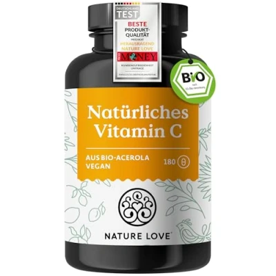 Obrázek NATURE LOVE® Přírodní vitamín C z extraktu Bio Acerola 180 kapslí vysoké dávkování, laboratorně testováno, veganské a vyrobeno v Německu