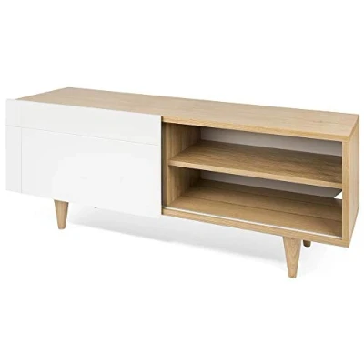 Obrázek Symbiosis Cruz TV stůl jednoduchý design, s posuvnými dveřmi, přední, dřevěný materiál, dubová dýha a bíle lakovaný, D 50 x Š 120 V 34 cm