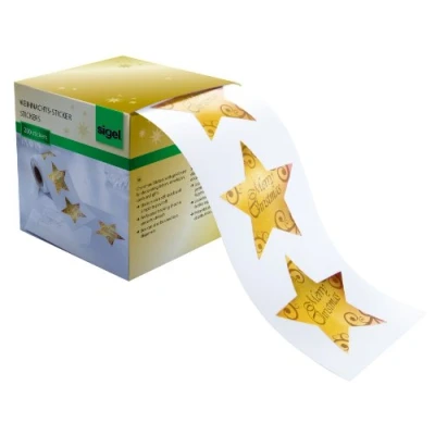 Obrázek SIGEL CS112 vánoční samolepky na roli 200 nálepek 4,7 x cm zlaté hvězdy &quot;Vánoční hvězdy&quot;