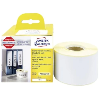 Obrázek AVERY Zweckform AS0722470 Dymo LabelWriter štítky na pořadače úzké, kompatibilní se S0722470 (38 x 190 mm, 1 role 110 štítků hřbetu, samolepicí, absolutně neprůhledné, tiskárna