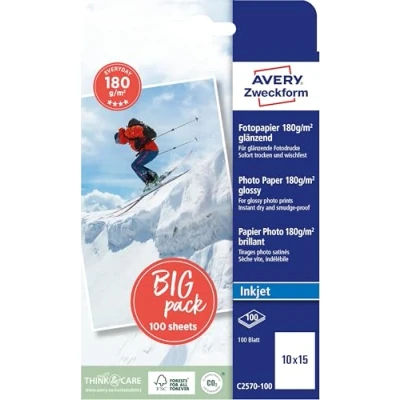 Obrázek AVERY Zweckform Art. C2570 100 Everyday Inkjet fotopapír (100 listů, 180 g/m², 10 x 15 cm, lesklé fotokarty, jednostranně povrstvený, okamžitě suchý a odolný proti rozmazání, foto listy pro inkoustové