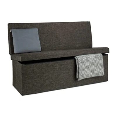 Obrázek Relaxdays Skládací taburet s opěradlem XL V x Š H 73 114 38 cm stabilní sedací kostka jako podnožka lavice a z lnu úložný box víkem pro obývací pokoj, hnědá