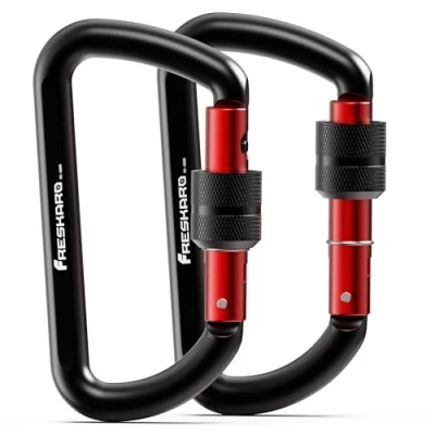 Obrázek FresKaro Karabiner Schraubverschluss Schwarz, Schraubkarabiner, Schloss Karabiners Hängematte, Alu Carabiner, 12kN 1224kg, Aluminium, Ultraleicht, Belastbar, für Schlüssel, Hundeleine, 2 Stück