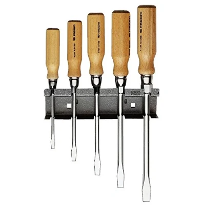 Obrázek FACOM Schraubendreher Holzgriff, 6 Kant, Schlitz 5,5x100 10x200 mm, 5 teilig, Wandhalter, 1 Stück, ATHH.JS5