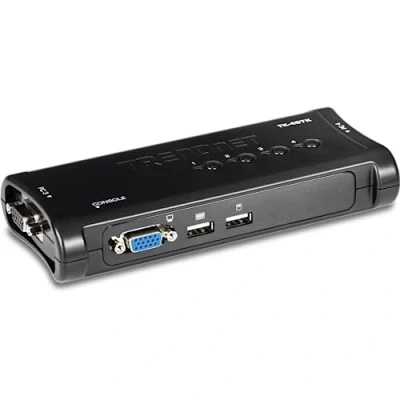 Obrázek TRENDnet TK 407K 4 Port USB KVM Switch Kit, VGA a přípojky, rozlišení 2048 x 1536, kabel součástí dodávky, kontrola až počítačů