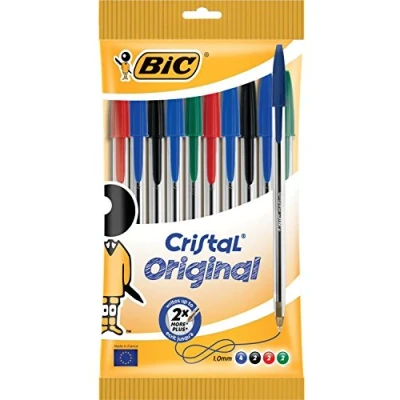 Obrázek BIC 830865 Cristal Original, sada 10 kuličkových per, kulis s modrou, černou, červenou a zelenou náplní barvy