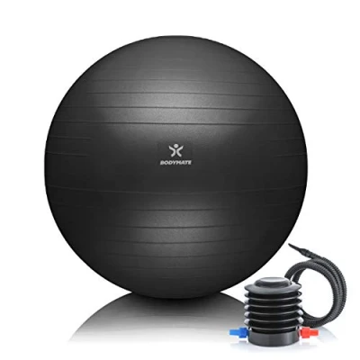 Obrázek BODYMATE Gymnastický míč na sezení tréninkový s e knihou zdarma včetně vzduchové pumpy, pro fitness, jógu, gymnastiku, Core trénink, silná záda jako kancelářská židle antracit, 65 cm