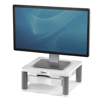 Obrázek Fellowes Stojan na monitor Premium Plus, výškově nastavitelný v 5 stupních, ergonomický, velmi stabilní pro monitory do 21 palců, se zásuvkou a držákem šablony zorného pole, bílo šedá
