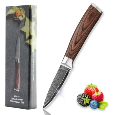 Obrázek Wakoli Edib damaškový nůž I ostrá 8 cm čepel z 67 vrstev damaškové oceli s jádrem VG10 a rukojetí dřeva Pakka Profi kuchyňský nůž, v elegantní krabičce