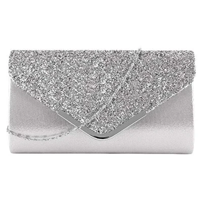 Obrázek MEGAUK Dámská Clutch Glitzer Elegantní večerní Kabelka Lesklá Envelope Taška Štras na předloktí s řetízkem svatbu Wedding Prom Party, Módní stříbro