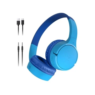 Obrázek Belkin Bezdrátová dětská sluchátka SoundForm Mini s integrovaným mikrofonem a veselými nálepkami, přehrávání 30 hodin přes uši pro výuku, dovolenou, iPhone, iPad, Galaxy modrá