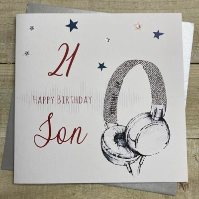Obrázek WHITE COTTON CARDS groß 21 Happy Birthday Son Kopfhörer Geburtstagskarte, handgefertigt, Weiß