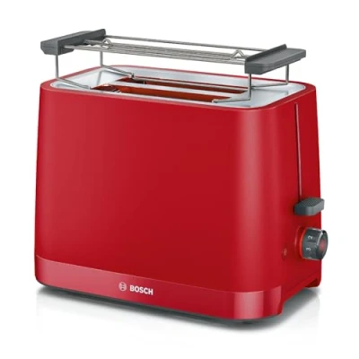 Obrázek Kompaktní toustovač Bosch MyMoment TAT3M124, 950 W, odnímatelný skládací nástavec na pečivo, s funkcí rozmrazování, centrování chleba, automatické vypnutí, matná červená