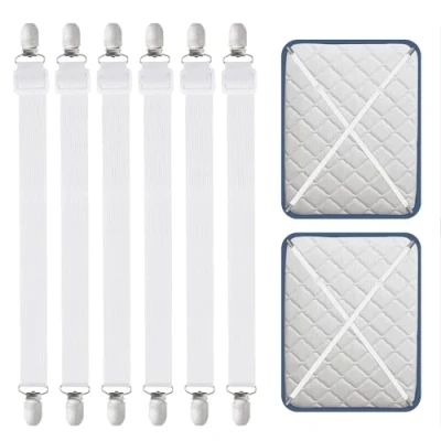 Obrázek Carehabi Spony na prostěradla, 55250 cm nastavitelné napínáky prostěradla 6 kusů, bílé elastické ložní prádlo, prostěradlo, matrace, žehlicí prkno nebo pohovku
